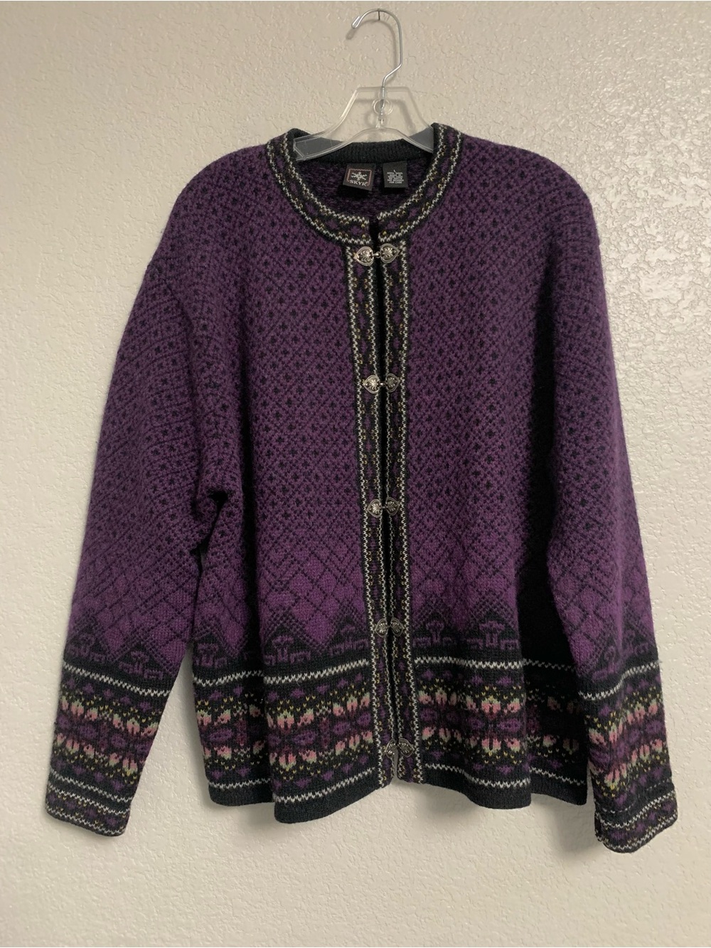 Vtg SKYR Cardigan Sweater Womens L Wool Fair Isle Nordic Metal Clasp Purple